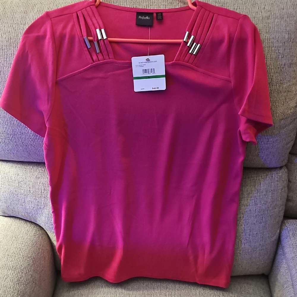 Rafaella Pink Short Sleeve Blouse with Round Neckline